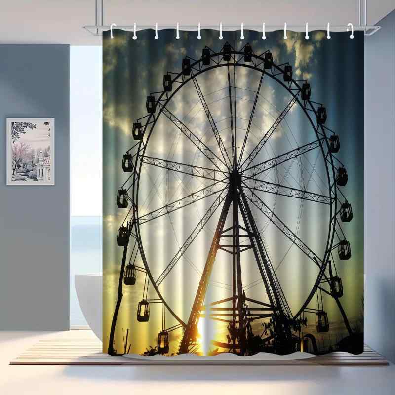 シャワーカーテン 観覧車柄 防水 防カビ加工 厚手 ポリエステル製 浴室用 バスルーム 間仕切り 空間仕切り 目隠し ユニットバス 模様替え 穴あけ不要