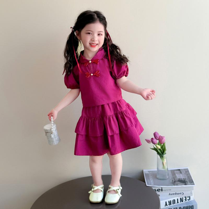 キッズ 女の子 夏 セットアップ 半袖トップス ショートパンツ コットン 中華風 ポロ襟 飾りボタン 薄手 おしゃれ かわいい ローズパープル 普段着