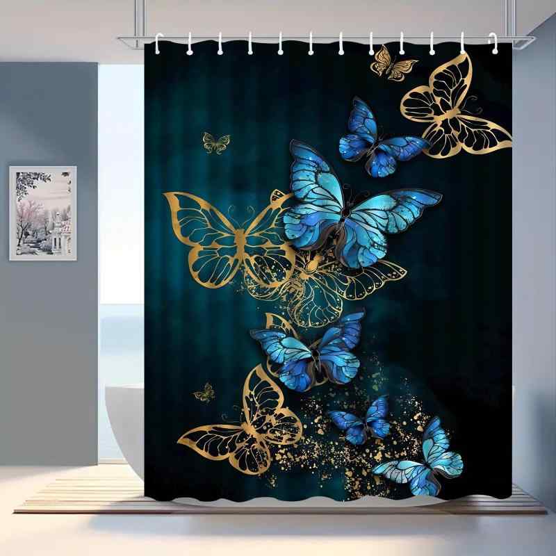 シャワーカーテン 蝶柄 バタフライ柄 おしゃれ かわいい ポリエステル 防水 撥水 デジタルプリント 浴室 バスルーム お風呂 取り付け簡単