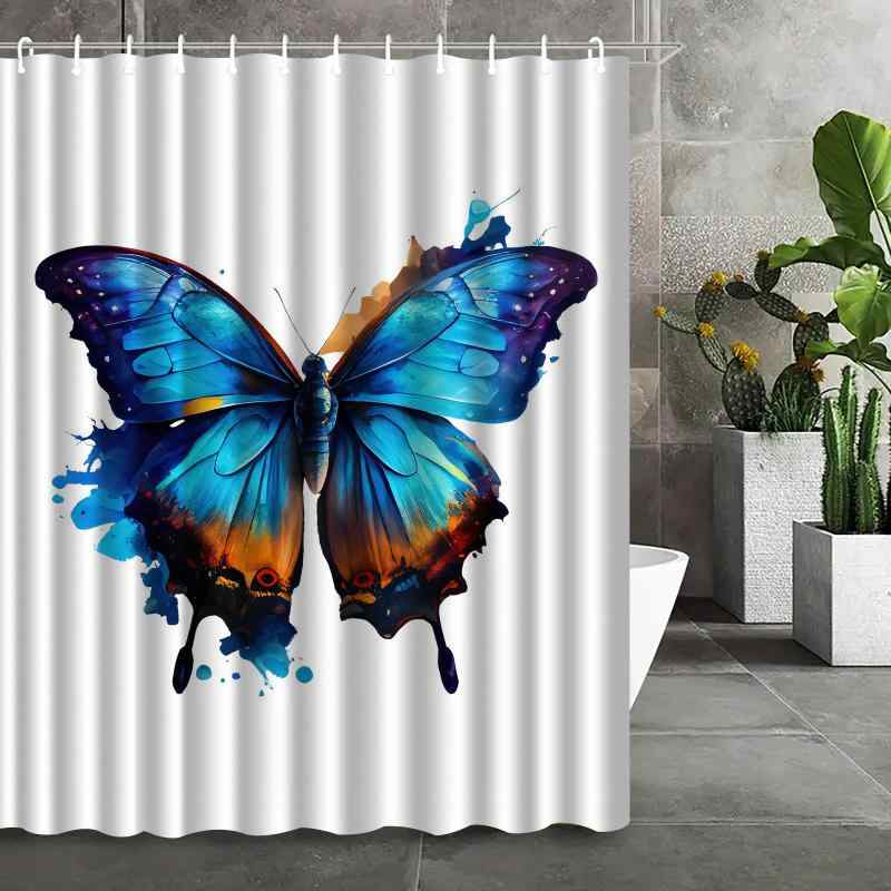 シャワーカーテン 蝶々柄 バタフライ ポリエステル 防水 デジタルプリント 田園風 カントリー調 おしゃれ 浴室 バスルーム 多サイズ