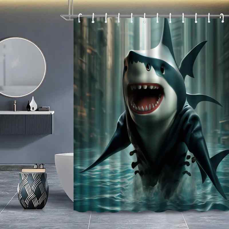 シャワーカーテン 海の生き物 サメ柄 デジタルプリント ポリエステル製 防水 防カビ加工 バスルーム 浴室 目隠し モダン シンプル インテリア雑貨 取り付け簡単