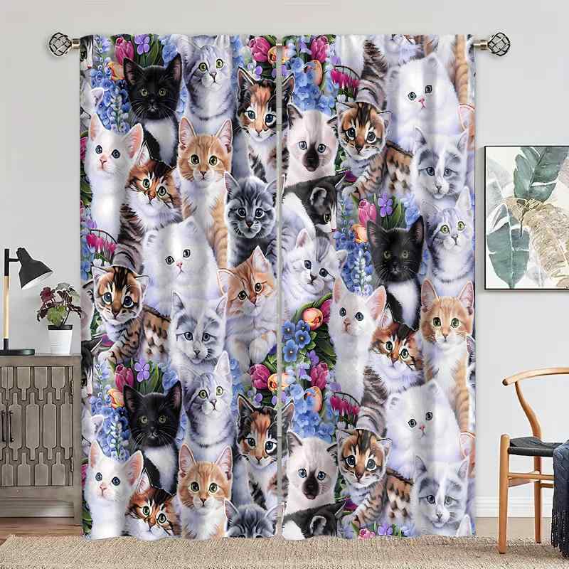 カーテン ポリエステル 防水 遮光 ハトメ カラフル 花柄 猫柄 プリント 高遮光率 寝室 リビング オフィス キッチン 子供部屋 書斎 間仕切り 目隠し 模様替え インテリア おしゃれ モダン(x2)