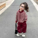 キッズ 女の子 長袖 ジャケット 長ズボン セットアップ 2点セット 春秋 韓国ファッション クール スタイリッシュ ポリエステル素材 ストライプ柄 ワインレッド ソフトタッチ