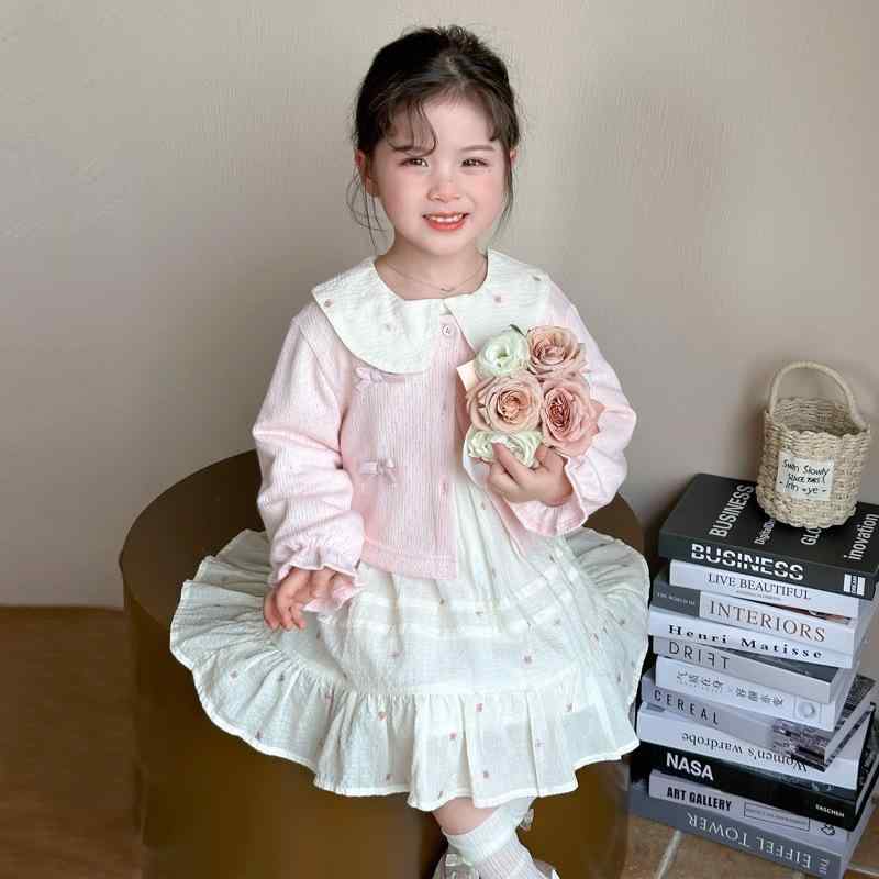 キッズ 女の子 ワンピース セットアップ カーディガン 2点セット 春秋 韓国風 おしゃれ 上品 長袖 薄手 綿 無地 ピンク かわいい 通園 通学 普段着