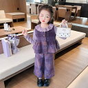 セットアップ 女の子 パンツ 3点セット チェック柄 パープル 春秋 長袖 韓国風 おしゃれ かわいい ポリエステル 子供服 ガールズ カジュアル 通園 通学 普段使い