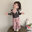 キッズ 女の子 セットアップ フェイクレイヤード トップス カーゴパンツ ツーピース おしゃれ かわいい トレンド 春秋 ピンク 長袖 長ズボン ポリエステル