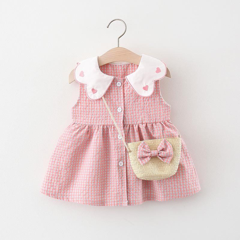 ワンピース キッズ ベビー 女の子 夏 ノースリーブ チェック柄 綿 プリンセスドレス かわいい カジュアル 普段使い ピンク イエロー オレンジ