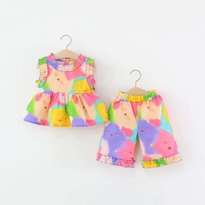 子供服 女の子 ベビー セットアップ タイダイ染め 小花柄 ノースリーブ タンクトップ ショートパンツ 2点セット キッズ 女児 薄手 コットン 綿 春夏 普段使い ルームウェア パープル