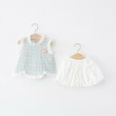 ベビー服 女の子 ガールズ 春夏 チェック柄 フリル ノースリーブ トップス カットソー 花びら バルーン ショートパンツ 半ズボン セットアップ 上下セット 綿 コットン 薄手 韓国風 カジュアル ブルー 2点セット
