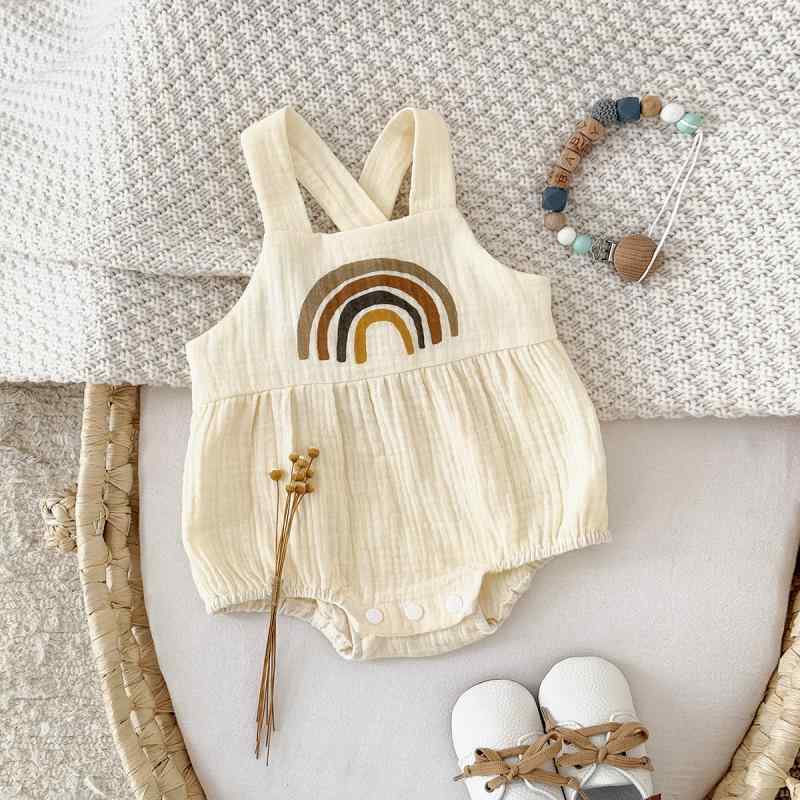 ロンパース 女の子 ベビー 新生児 0-1歳 ノースリーブ ゆったり かわいい プリント 通気性 ニット 薄手 再生繊維 ビスコース 夏物 ホワイト 部屋着 三角型