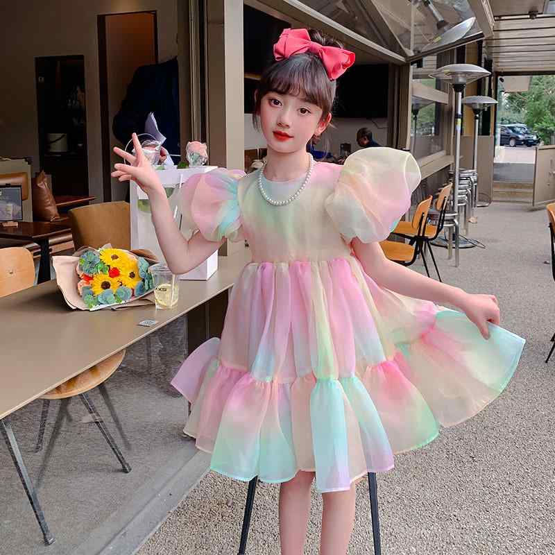 ワンピース キッズドレス 女の子 パフスリーブ プリンセス ふんわり ボリュームチュール レインボーグラデーション 虹色 春夏 発表会 結婚式 パーティー 演奏会