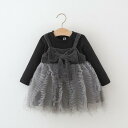 キッズ ワンピース ベビー 女児 春秋 長袖 リボン チュール プリンセスドレス ふわふわ ボリューム Aライン コットン ブラック 切り替え お出かけ 発表会