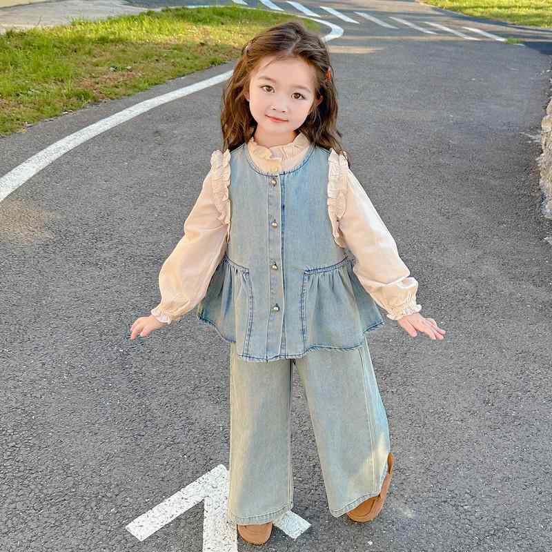 セットアップ キッズ 女の子 デニム ベスト スリーピース 長袖 Tシャツ パンツ 春秋 フリル かわいい おしゃれ 普段使い 通学 子供服
