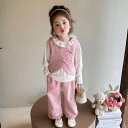 キッズ 女の子 セットアップ 3点セット 春秋 上品な クラシック おしゃれ 韓国風 ピンク 無地 長袖 長ズボン パンツスーツ 普段使い お出かけ ポリエステル