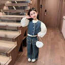 キッズ 女の子 ベビー 子供服 春秋 デニム セットアップ スリーピース ベスト 長袖 長ズボン 上下セット おしゃれ スタイリッシュ カジュアル 無地 ポリエステル素材 普段使い お出かけ 通園