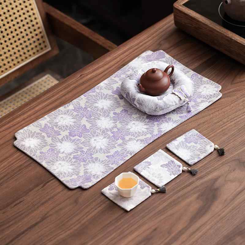 茶席 紫 パープル 織り錦 蓮柄 高級感 新中式 手作り 布製 ファブリック ティーマット テーブルランナー テーブルセンター ポットマット コースター 乾式茶席 茶道具 茶道用品 茶道小物