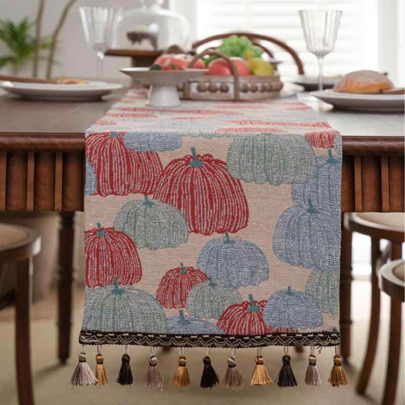 テーブルランナー アメリカンカントリー 感謝祭 カボチャ柄 ジャガード織り レッド ポリエステル製 食..