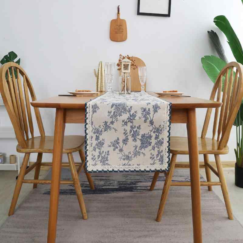 テーブルランナー ブルー 花柄 綿麻 ポリエステル混 リビングテーブル ダイニング 食卓 テレビボード チェスト モダン シンプル インテリア デコレーション 多用途