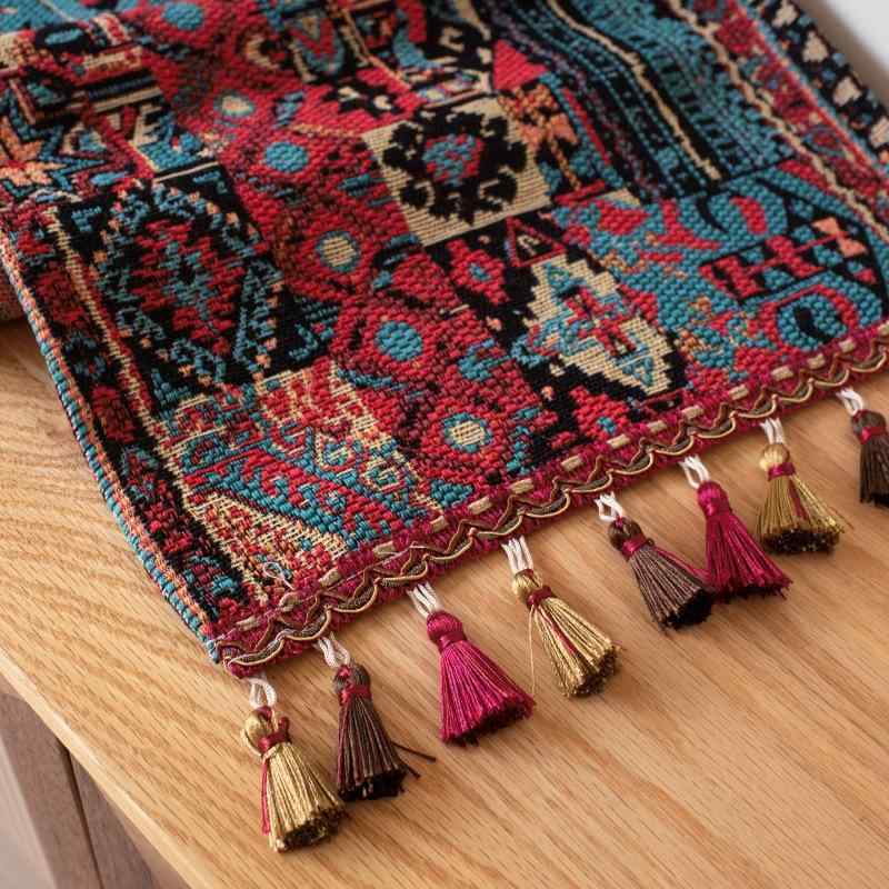 テーブルランナー レトロ ヴィンテージ アメリカン 綿麻風 フリンジ タッセル ポリエステル 民族風 エ..