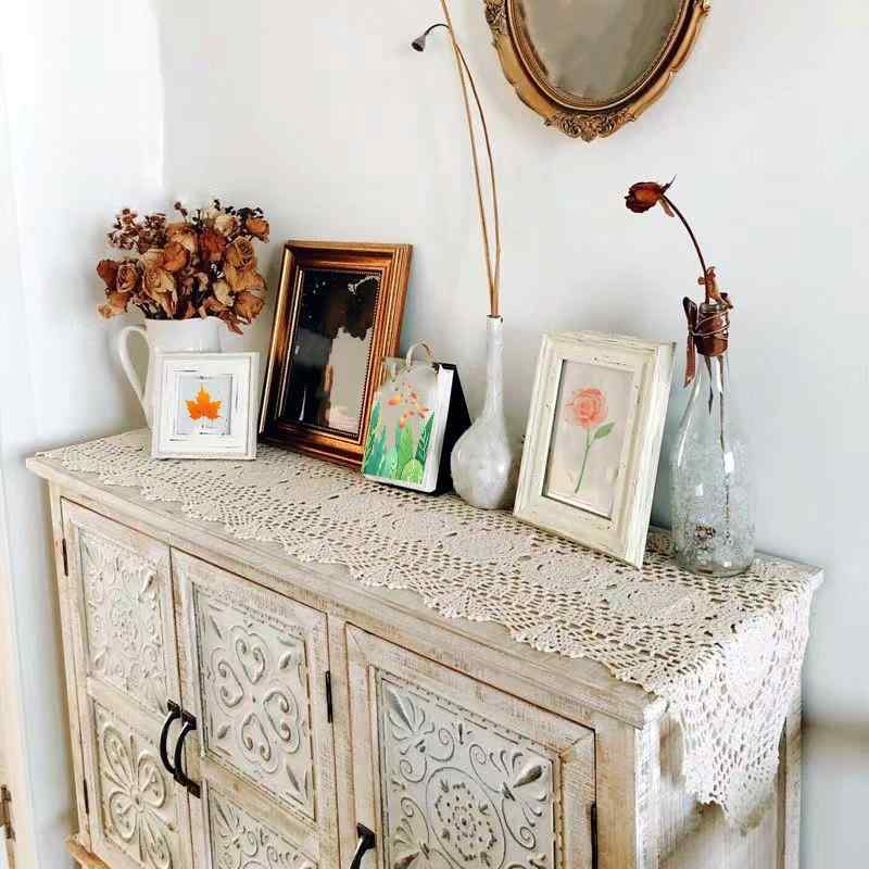 テーブルランナー 手編み かぎ針編み シングルライン 花柄 フラワーモチーフ 綿 コットン 北欧スタイル アメリカンレトロ ビンテージ風 テレビ台 コーヒーテーブル サイドテーブル 飾り棚 かわいい おしゃれ ホワイト アイボリー