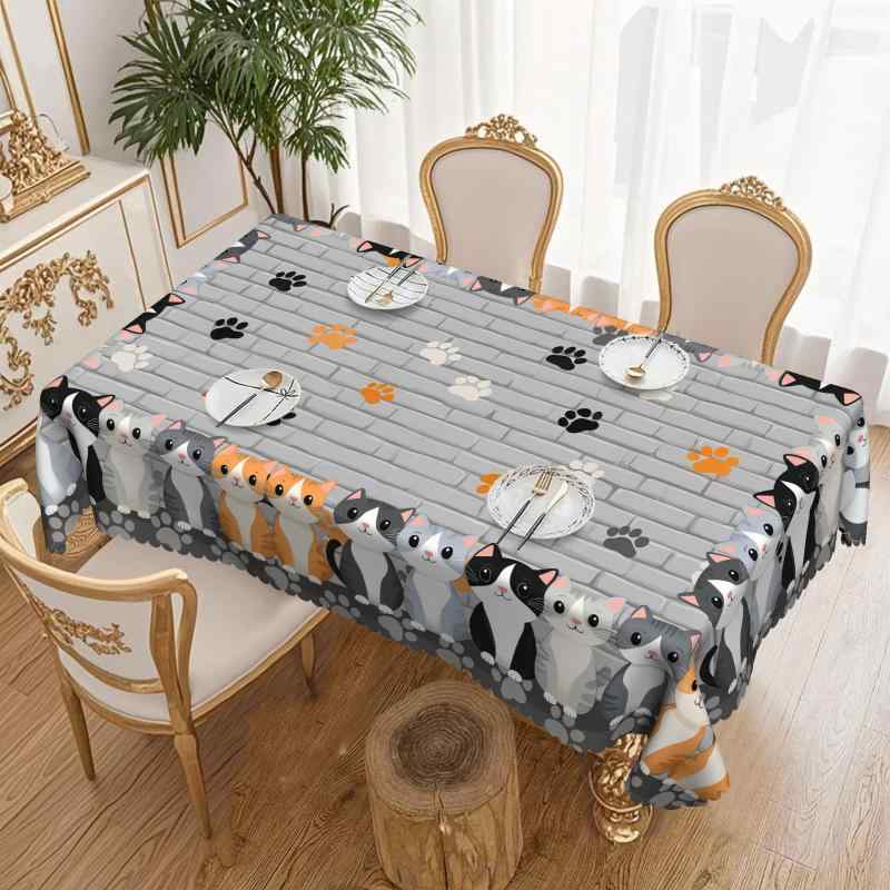 テーブルクロス グレー レトロ かわいい 猫プリント アニマル柄 猫の足跡 ストーン柄 ポリエステル 防..