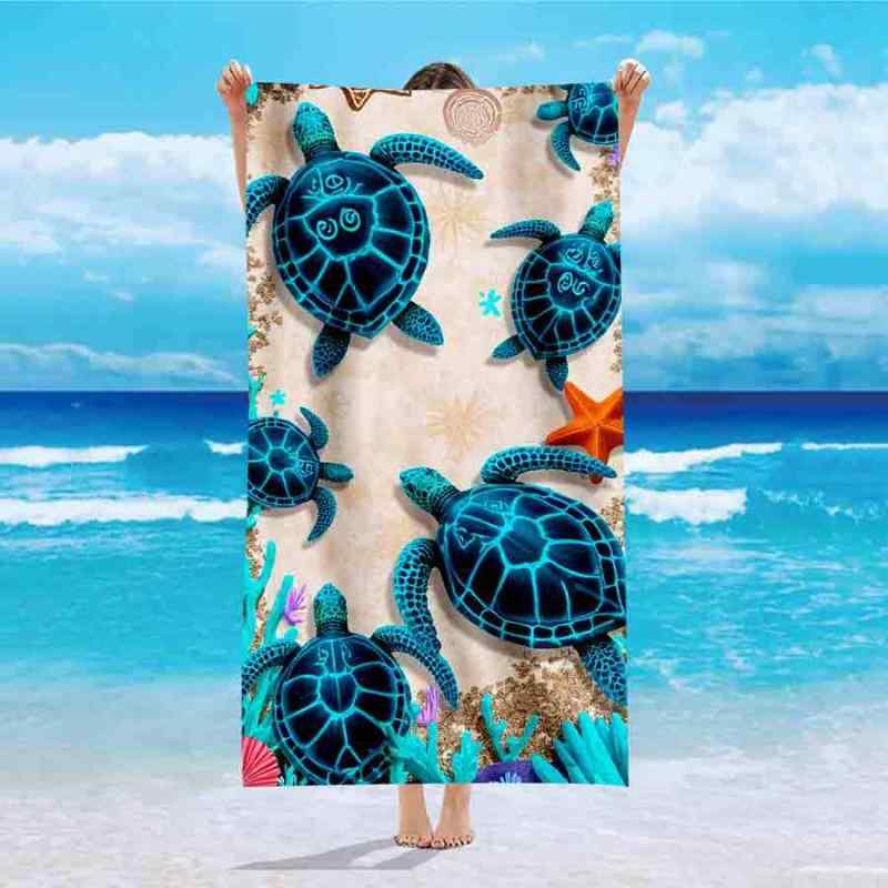 ビーチタオル マイクロファイバー 片面フリース 吸水速乾 軽量 ウミガメ柄 プリント バスタオル 夏 プール 海水浴 レジャー 大判サイズ シンプルモダン(x2)