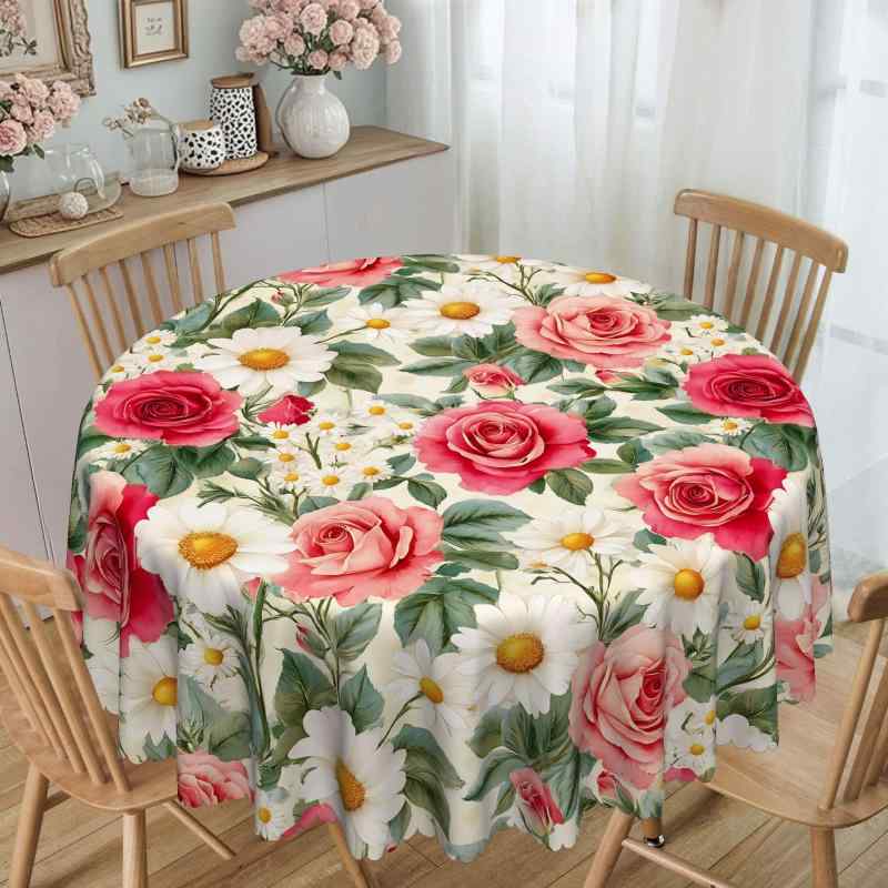 テーブルクロス 長方形 円形 春夏 ピンク 白 ライトベージュ 美しいローズ柄 デイジー柄 ポリエステル..
