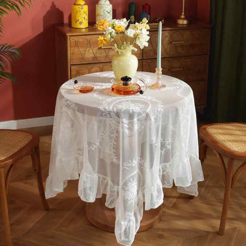 テーブルクロス 白 レース ウェディング ヨーロピアン エレガント ロココ調 透かし模様 フリル 花柄 四角形 ポリエステル 滑り止め 防塵 デコレーション 結婚式用