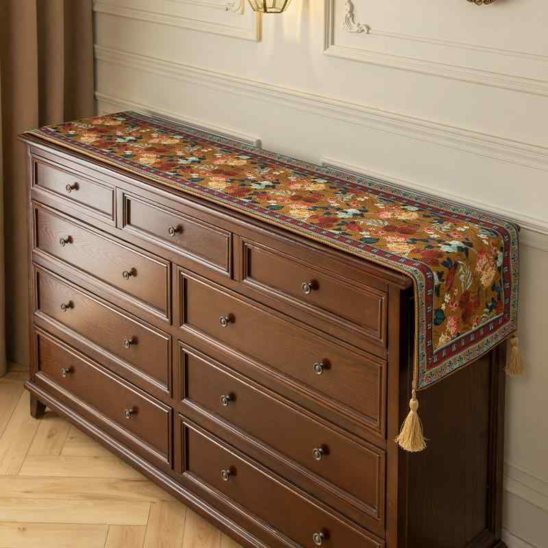 テーブルランナー ポリエステル アメリカン レトロ エレガント 高級感 花柄 リーフ柄 ロング 長方形 ブラウン ブラック リビング ダイニング キャビネット テレビ台 装飾 カバー