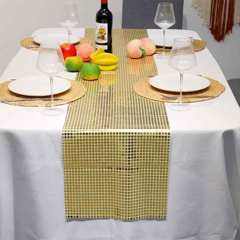 テーブルランナー ミラー スパンコール 格子柄 ヨーロピアン風 高級感 ポリエステル製 結婚式 ホームパ..