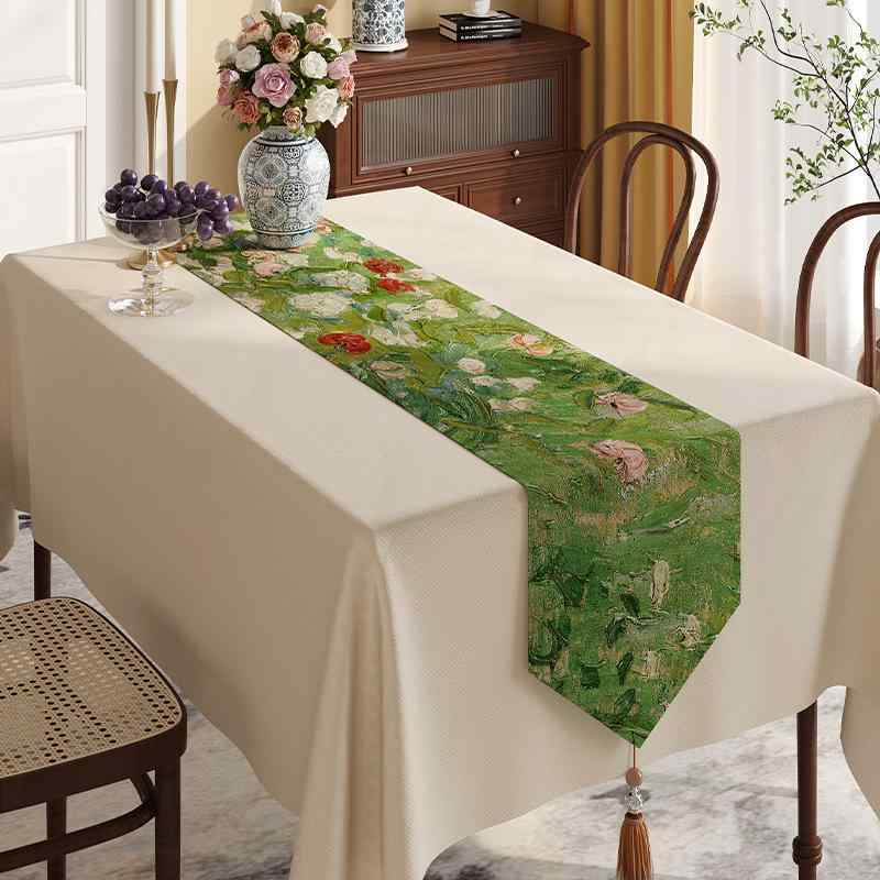 マルチカバー ゴッホ アート 油絵柄 綿麻 リネン フリンジ タッセル ロング 撥水 テーブルランナー テーブルクロス テレビ台 下駄箱 埃除け 北欧風