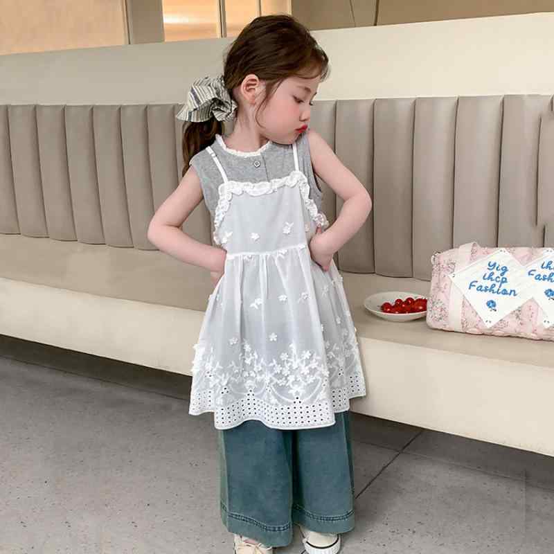 女の子 3点セット レースベスト キャミソールワンピース デニムパンツ 韓国風 おしゃれ 薄手 綿混 夏服 ベビー 子供服 普段使い