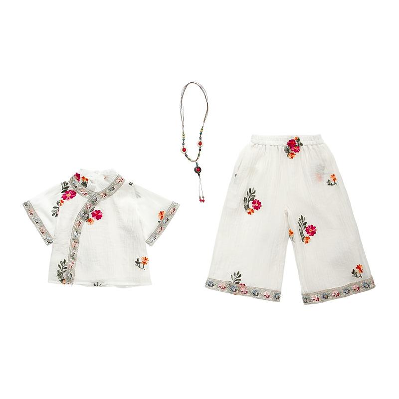 チャイナ風 セットアップ 女の子 ベビー キッズ 花柄 刺繍 夏服 半袖 クロップドパンツ 綿混 薄手 かわ..