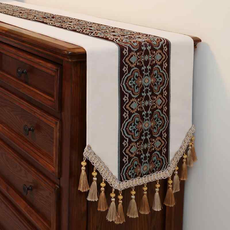 楽天花りぼんテーブルランナー シェニール 上質 高級感 モダン 長方形 ダイニングテーブル コーヒーテーブル テレビ台 チェスト サイドボード カバー ベージュ オフホワイト ブルー系 無地 ストライプ柄 インテリア装飾（x2）