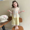キッズ 女の子 セットアップ 夏 フリル 小花柄 ノースリーブ タンクトップ 七分丈 ワイドパンツ 綿混 薄手 普段使い お出かけ スイート かわいい 2点セット