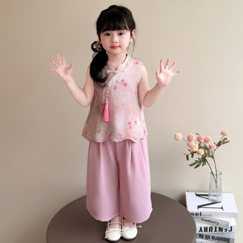 セットアップ 女の子 キッズ 中国風 漢服 ネオチャイニーズ チャイナ風 パンツセット 上下セット ツーピース 薄手 ノースリーブ 花柄 綿混 夏 クロップド丈 ピンク