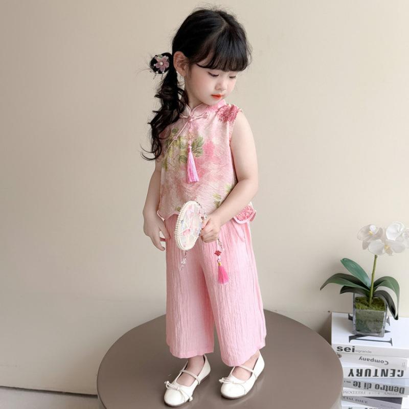 楽天花りぼんセットアップ キッズ 女の子 子供服 中国風 新中式スタイル ノースリーブ チャイナドレス ワイドパンツ 2点セット 綿混 薄手 涼しい 春夏 ピンク 上下セット ガウチョパンツ カジュアル