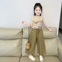 キッズ 女の子 セットアップ 夏 ノースリーブ タンクトップ グラフィティ プリント 虫よけ ワイドパンツ ガウチョパンツ 薄手 軽量 綿混 クロップドパンツ カーキ