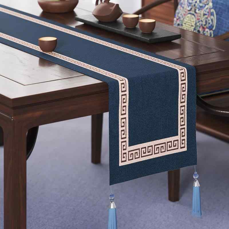 テーブルランナー モダンチャイニーズ 禅風 綿麻 ライトラグジュアリー 高級感 茶席 ティーテーブル用 ロング 長方形 幾何学模様 インテリア