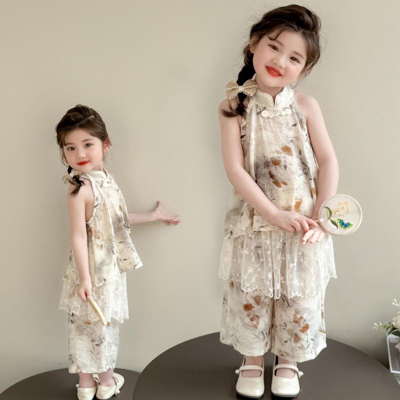 チャイナドレス セットアップ 2点セット 女の子 キッズ 新チャイニーズスタイル 水墨画柄 ホルターネッ..
