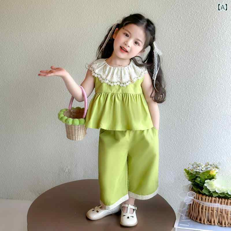 セットアップ 女の子 キッズ 夏物 ノースリーブ タンクトップ ワイドパンツ ガウチョパンツ 2点セット 子供服 綿 薄手 柔らかい肌触り ストライプ 無地 かわいい カジュアル 普段使い グリーン ローズピンク