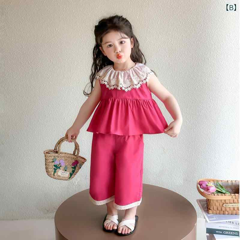 セットアップ 女の子 キッズ 夏物 ノースリーブ タンクトップ ワイドパンツ ガウチョパンツ 2点セット 子供服 綿 薄手 柔らかい肌触り ストライプ 無地 かわいい カジュアル 普段使い グリーン ローズピンク