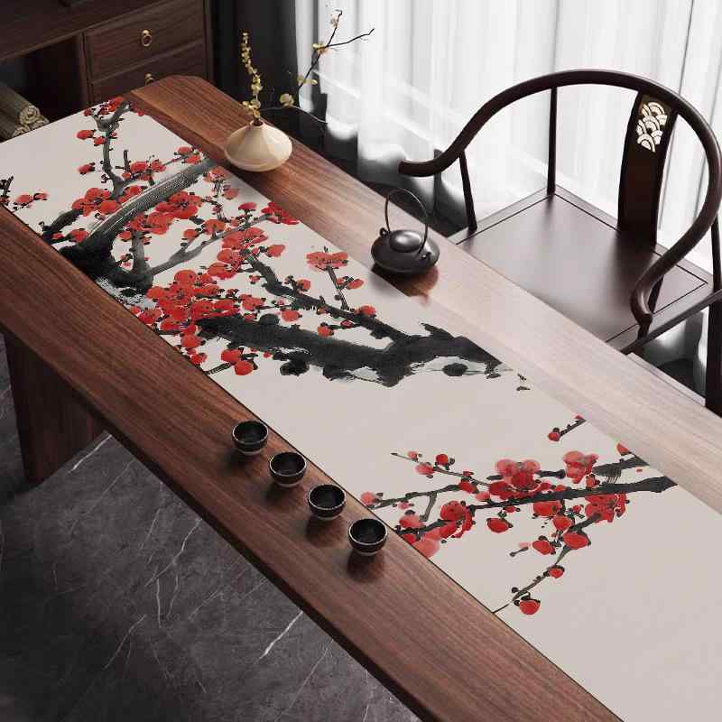 テーブルランナー 新中国風 茶室 茶卓用 ポリエステル製 高級感 ロング 細長 茶席 お茶会 おもてなし インテリア装飾 花鳥柄 山水画風