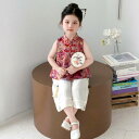 キッズ 女の子 漢服風 中国風 ノースリーブ パンツ セットアップ 夏 薄手 綿混 九分丈 柔らかい肌触り 普段使い カジュアル