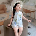 子供服 女の子 ガールズ チャイナ風 プリンセス風 ノースリーブ ベスト トップス ショートパンツ 2点セット 綿混 薄手 柔らかい 夏 普段使い ルームウェア おしゃれ カジュアル ブルー