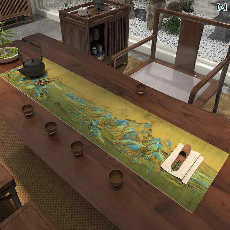 茶器マット 中国風 禅意 千里江山図 高級感 無臭 吸水性 速乾性 滑り止め ティーマット テーブルランナー 茶道 混紡 EVA ラテックス素材 新中式デザイン リビング ダイニング 書斎 オフィス 店舗用 ティータイム