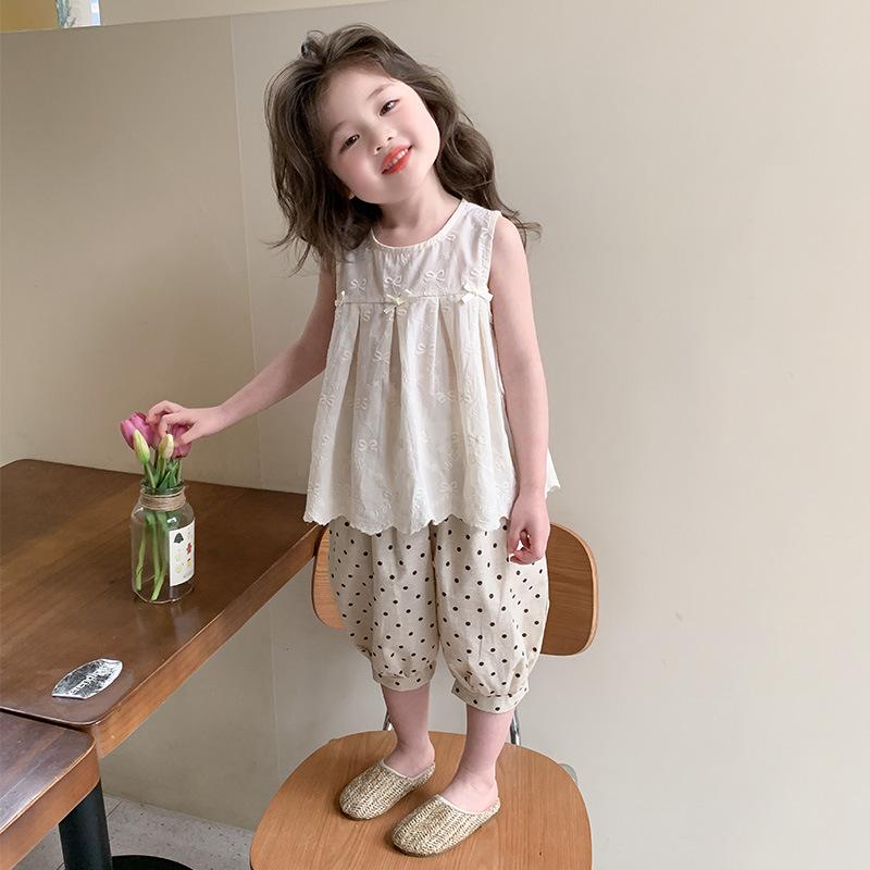 セットアップ キッズ 女の子 夏 韓国風 綿 タンクトップ バルーンパンツ ツーピース 5分丈 かわいい おしゃれ 薄手 無地 ベージュ 普段着 お出かけ