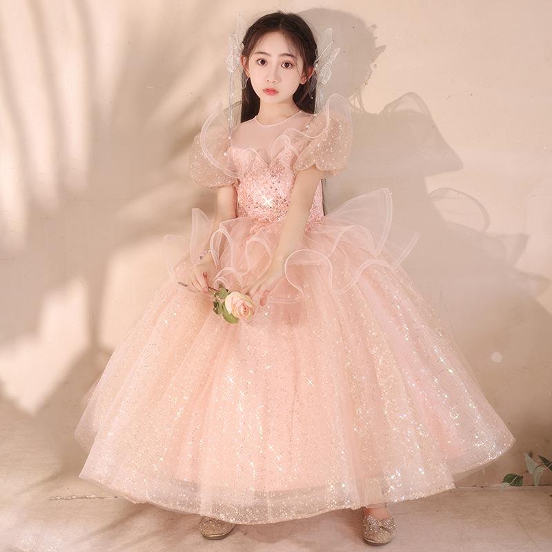 ドレス 女の子 ピンク プリンセス フォーマル 上品 ピアノ発表会 演奏会 結婚式 パーティー 舞台衣装 記念撮影 七五三 司会 キッズ ジュニア 子供 高級感 かわいい