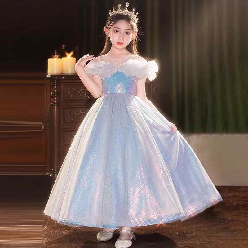 ドレス 女の子 キッズ プリンセス フォーマル ブルー 誕生日パーティー 発表会 演奏会 ステージ衣装 ロ..