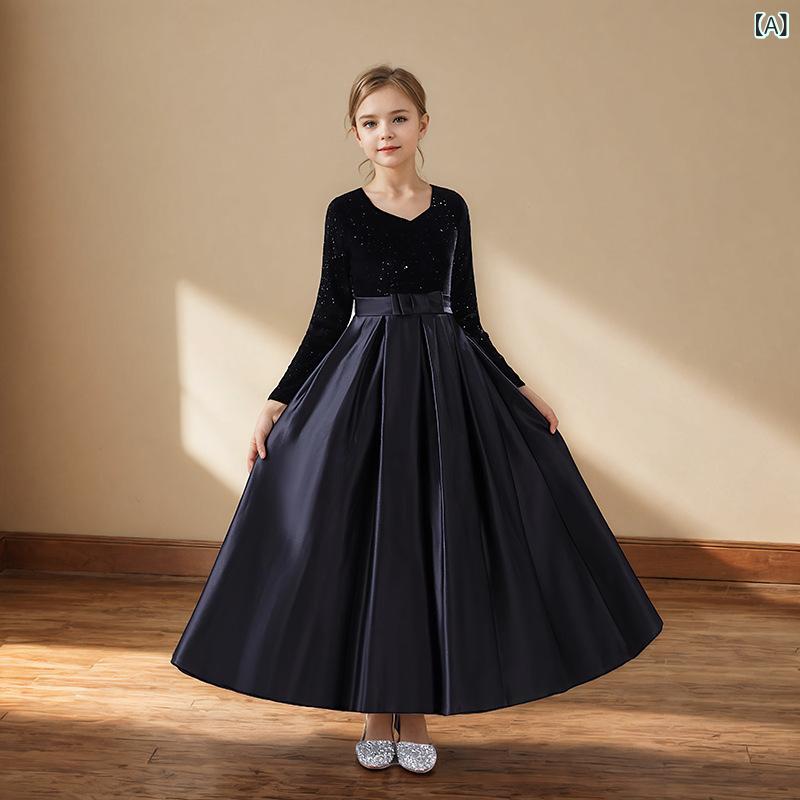 ドレス 女の子 ガールズ キッズ プリンセス 長袖 サテン 発表会 演奏会 ピアノ発表会 コンクール 結婚式 フォーマル ブラック ポリエステル 2